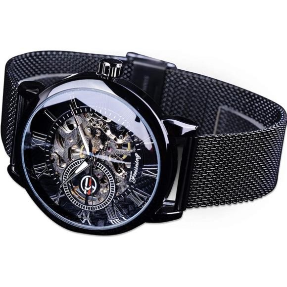 Men's Skeleton Watch Steampunk Watch Mechanical Watch for Men Minimalist, Black - Picture 4 of 6